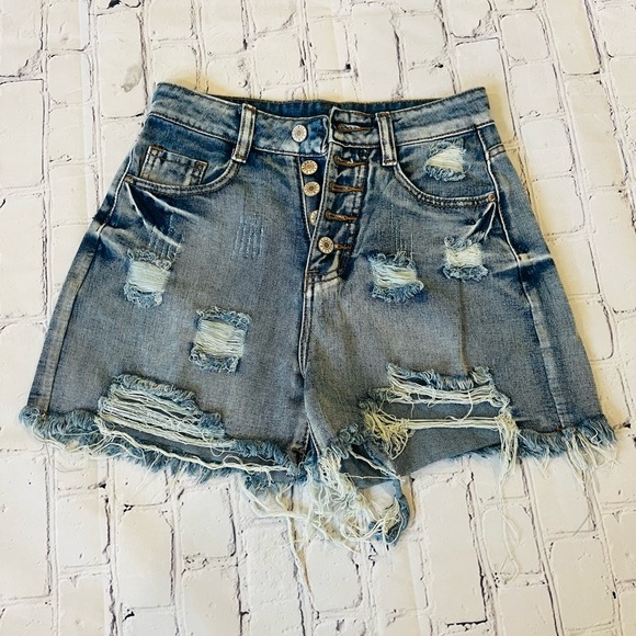 High waisted distressed denim shorts RUNS SMALL - Picture 1 of 3